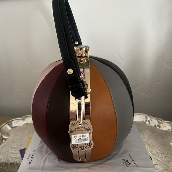 Vegan Leather Spherical Shoulder Bag With Colorful Stripes And Top Handle - Picture 3 of 6